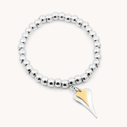 30B2955SG - Hourglass Hearts Chunky Beads Bracelet, Silver & Gold
