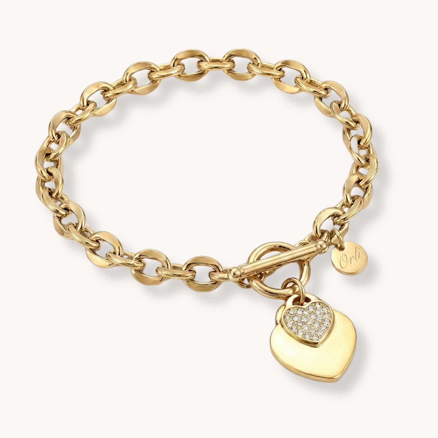 30B2046G - Double Crystal Heart Chunky T-bar Bracelet in Gold
