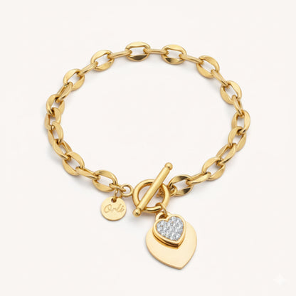 30B2046G - Double Crystal Heart Chunky T-bar Bracelet in Gold