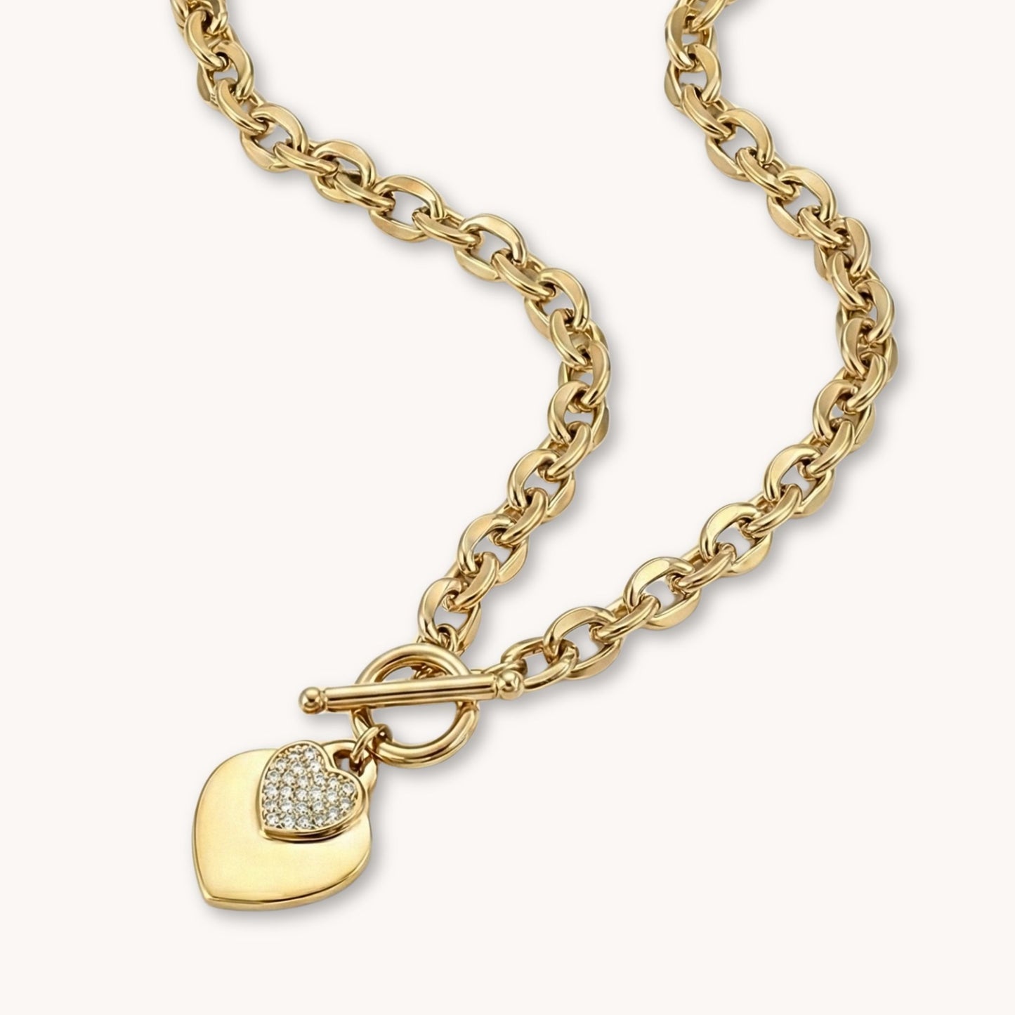 30N1029G - Double Crystal Heart Chunky T-bar Necklace in Gold