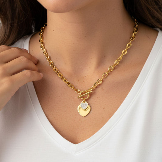 30N1029G - Double Crystal Heart Chunky T-bar Necklace in Gold