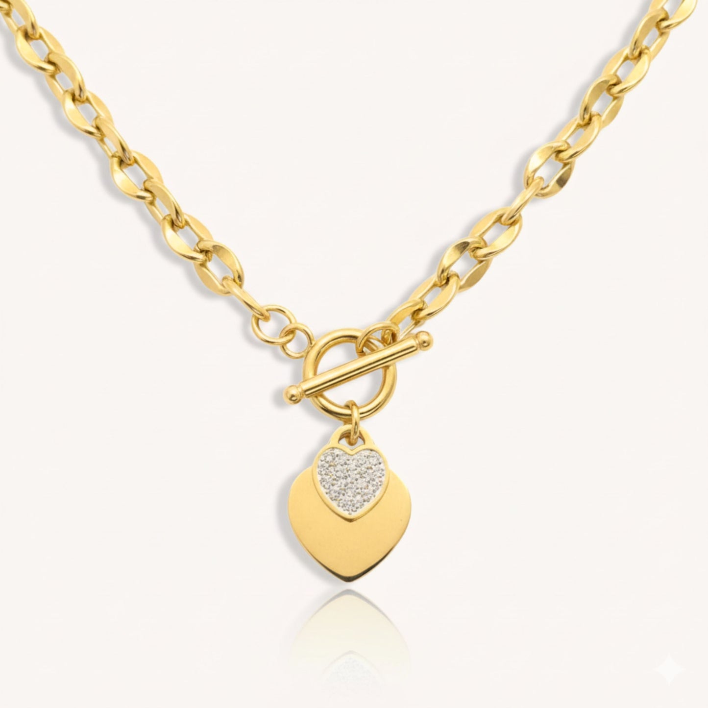 30N1029G - Double Crystal Heart Chunky T-bar Necklace in Gold