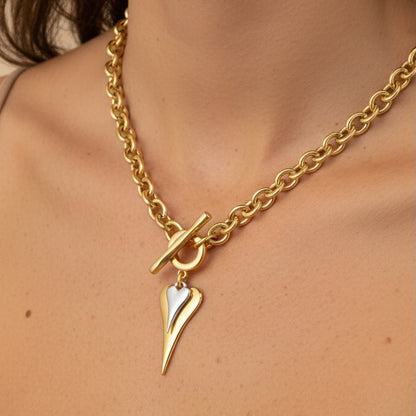30N1219GS - Hourglass Heart Chunky T-Bar Necklace, Gold & Silver