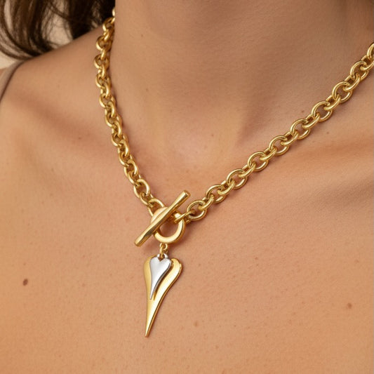 30N1219GS - Hourglass Heart Chunky T-Bar Necklace, Gold & Silver