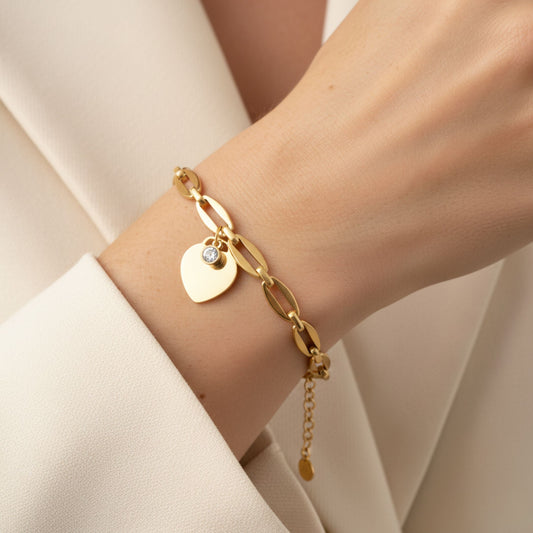 30B2805G - Classic Heart & Birthstone Long Link Bracelet, Gold