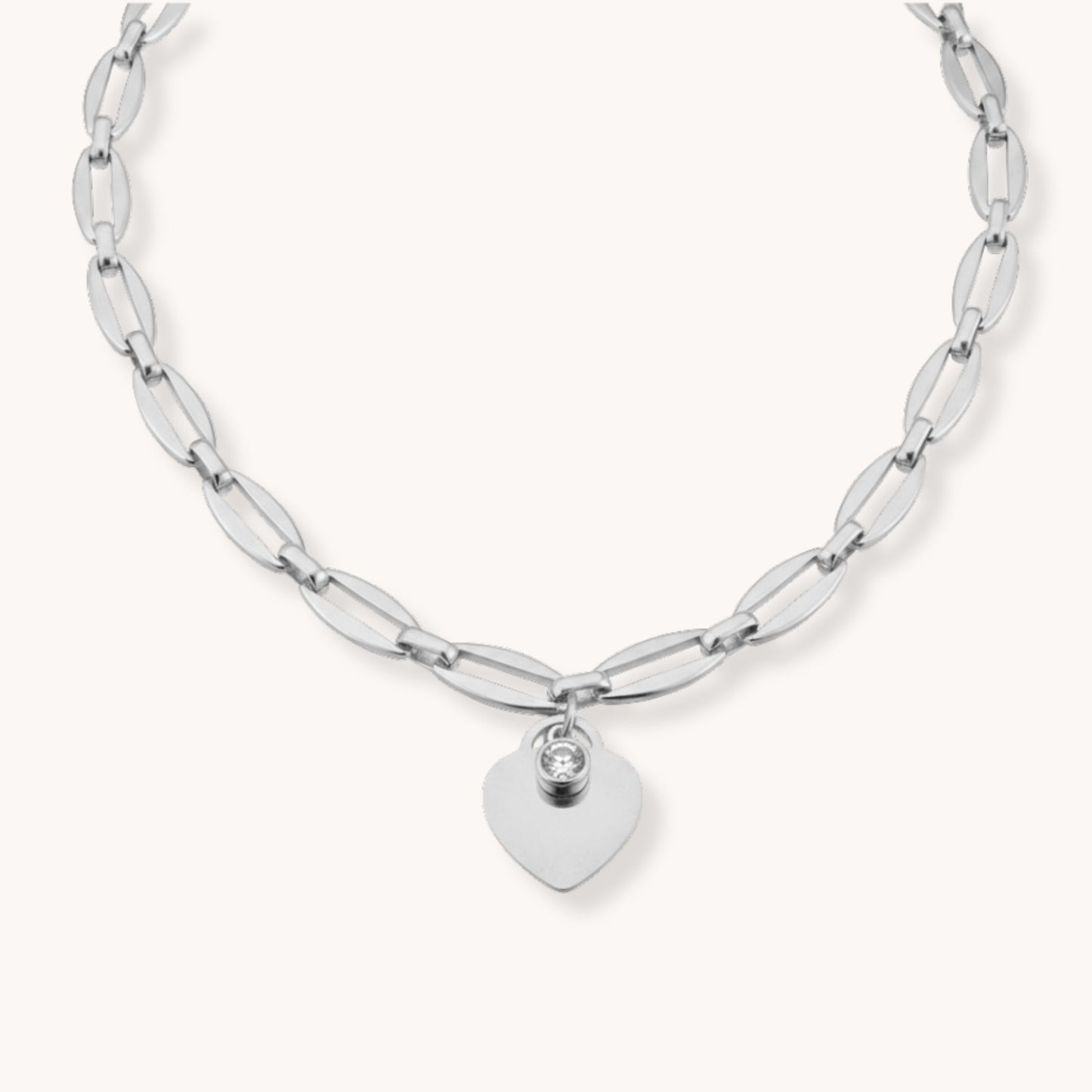 30N1869 - Classic Heart and Birthstone Long Link Necklace in Silver