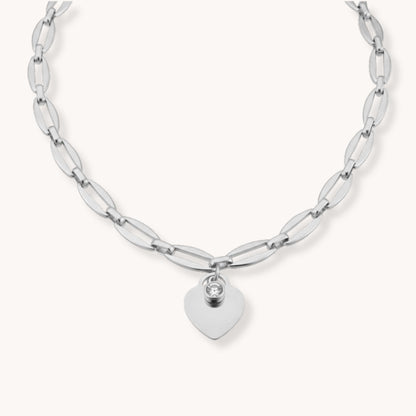 30N1869 - Classic Heart and Birthstone Long Link Necklace in Silver