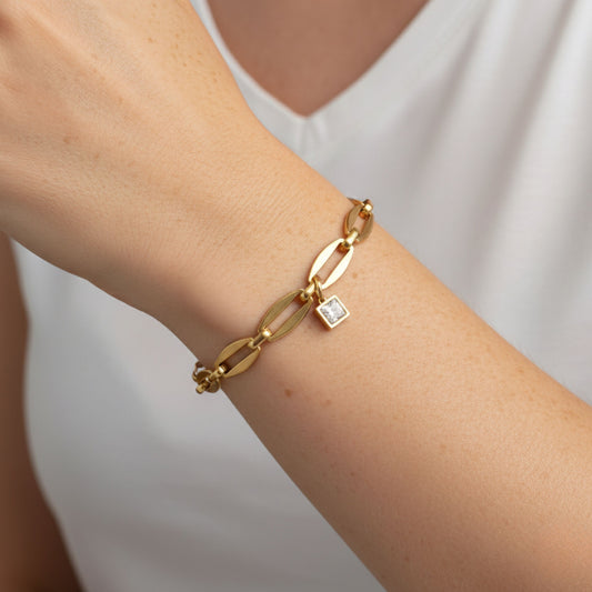 30B2863G - Long Link Square Birthstone Bracelet, Gold