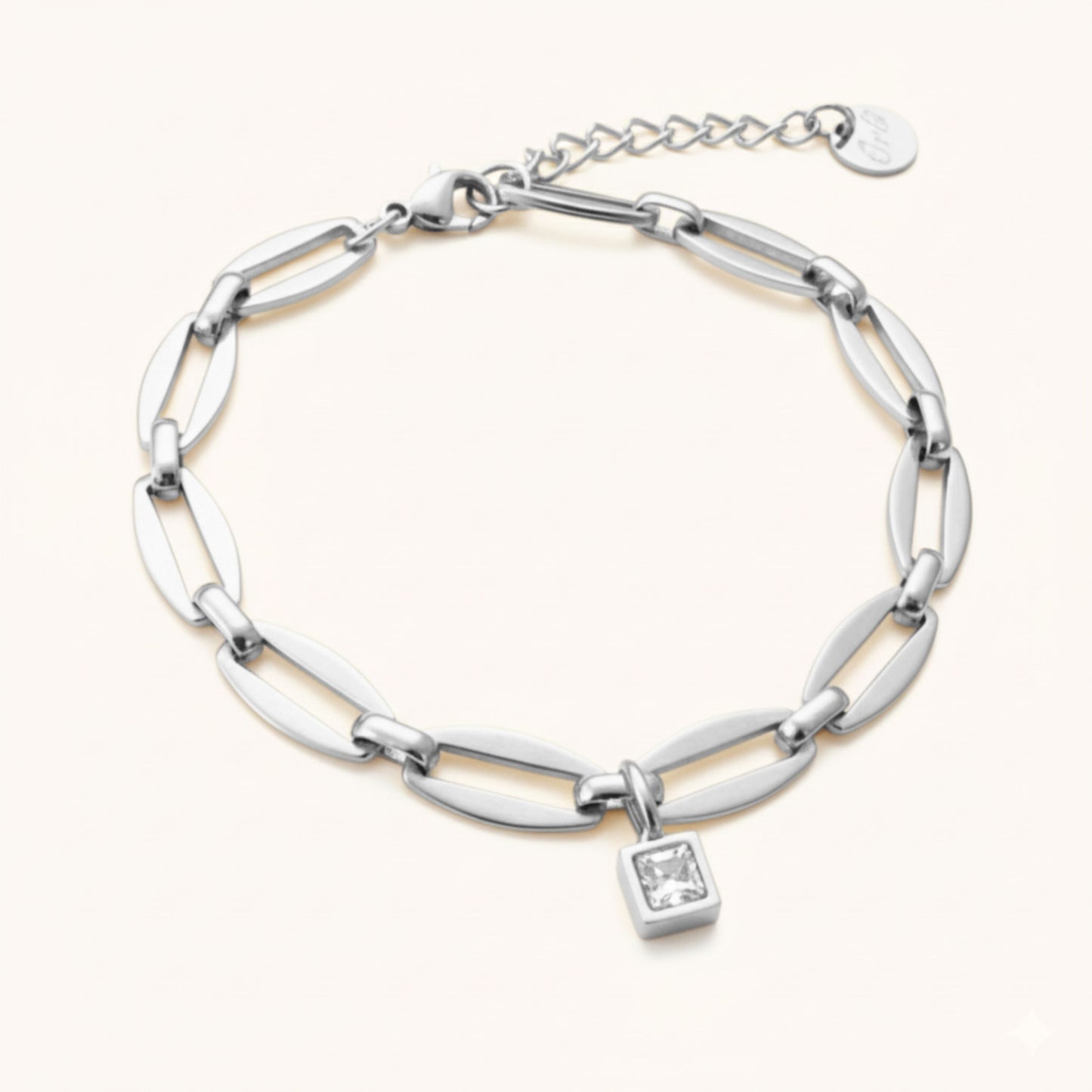 30B2863 - Long Link Square Birthstone Bracelet, Silver