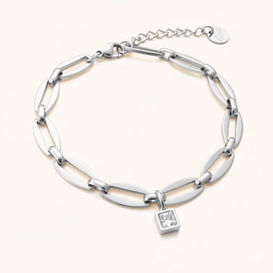 30B2863 - Long Link Square Birthstone Bracelet, Silver