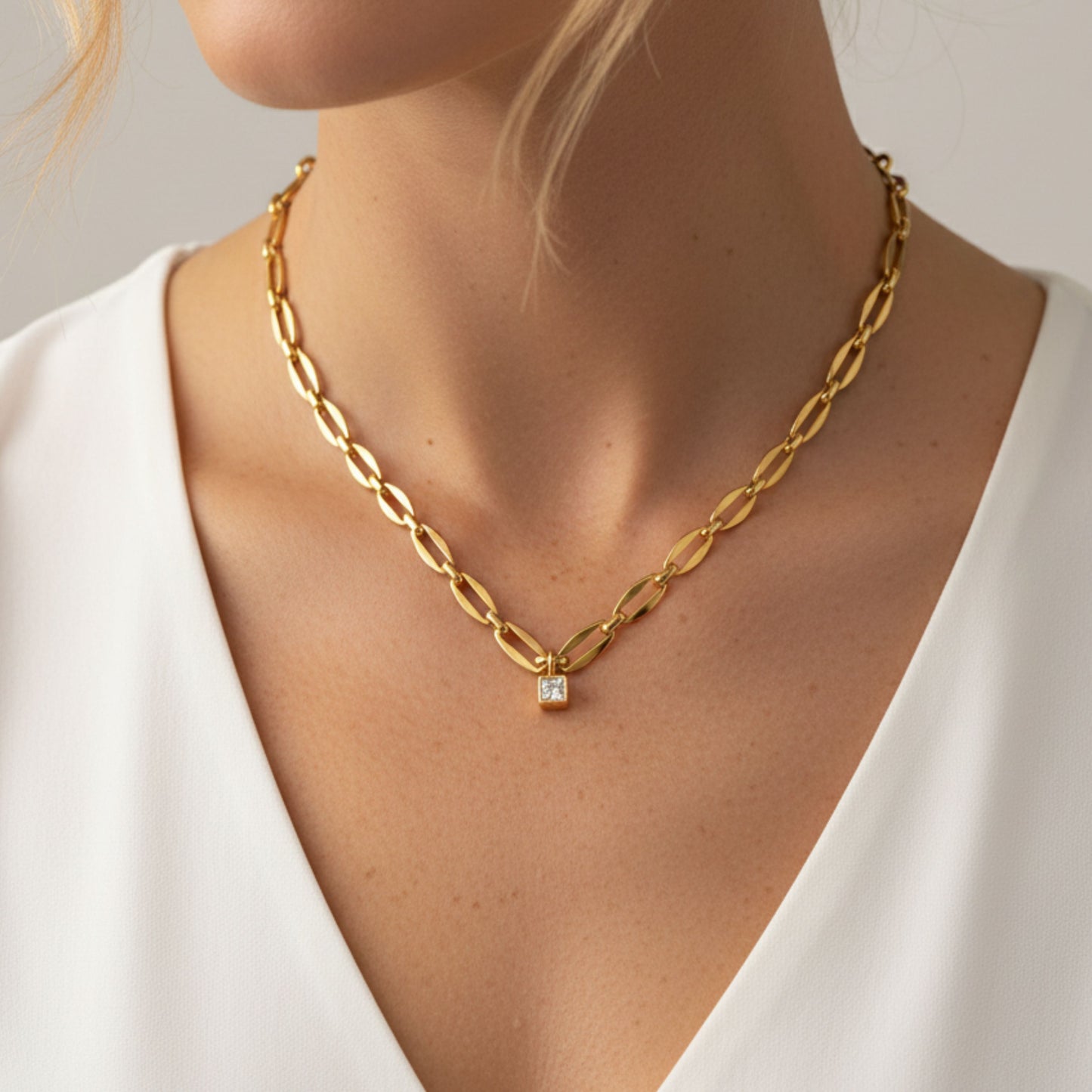 30N1871G - Long Link Square Birthstone Necklace, Gold