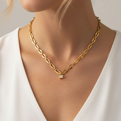 30N1871G - Long Link Square Birthstone Necklace, Gold