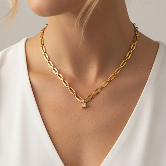 30N1871G - Long Link Square Birthstone Necklace, Gold