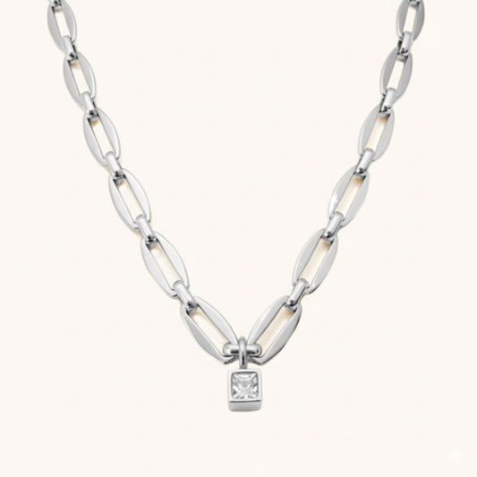 30N1871 - Long Link Square Birthstone Necklace, Silver