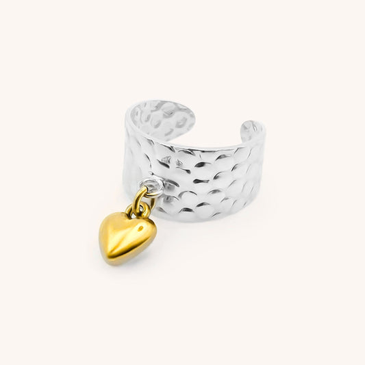 30R5127SG - Puffed Heart Hammered Charm Ring, Silver & Gold