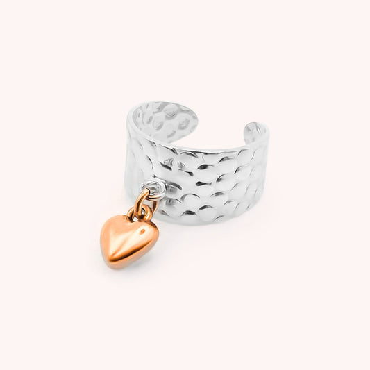 30R5127SR - Puffed Heart Hammered Charm Ring, Silver & Rose Gold