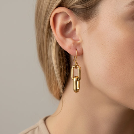 30E3066G - Square Link Hook Earrings, Gold