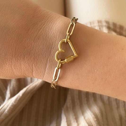 30B2817G - Heart Lock Paperclip Chain Bracelet, Gold
