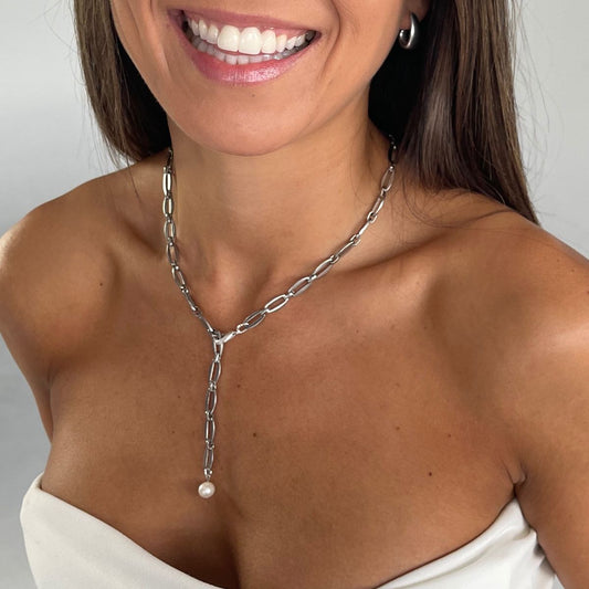 30N1889 - Long Link Adjustable Pearl Necklace, Silver